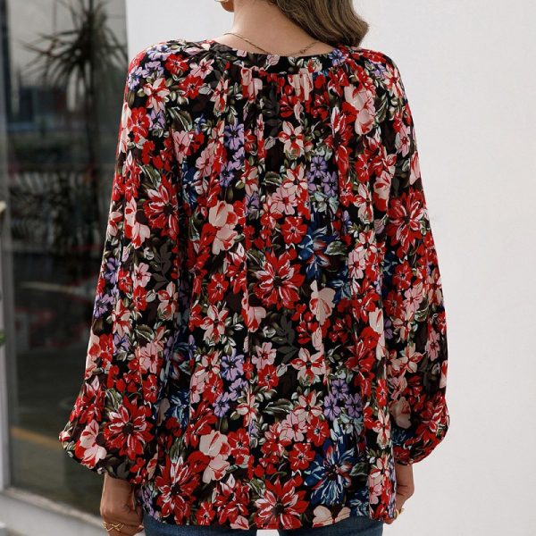 Loose Casual Floral Long Sleeved V neck Shirt Estampado Floral  Shirt Top for Women