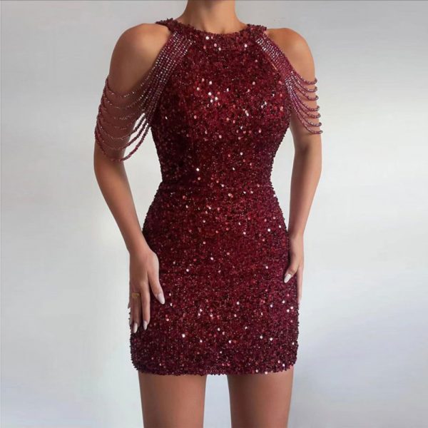 Spring Summer Halter Sexy Crystal Fringed Sheath Sequined Dress Mid Waist Evening Dress