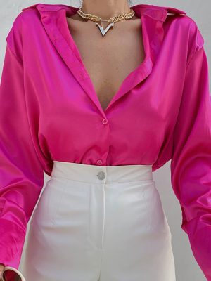 Women Long Sleeved Satin Shirt Spring Single Breasted Cardigan Casual Top Shirt Women Clothing