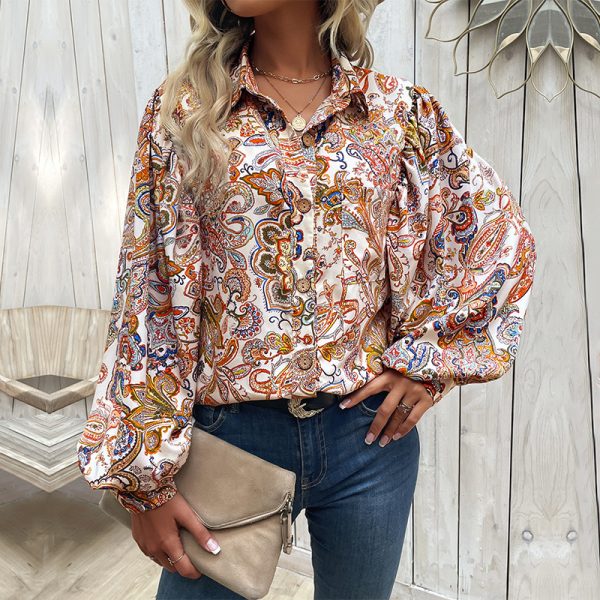 Women Wear Polo Collar Long Sleeve Printed Shirt