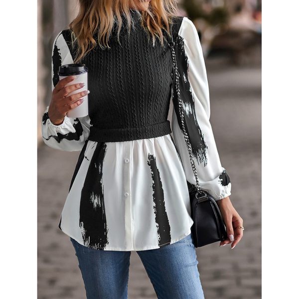 Women Round Neck Patchwork Top Spring Long Sleeve Shirt Women