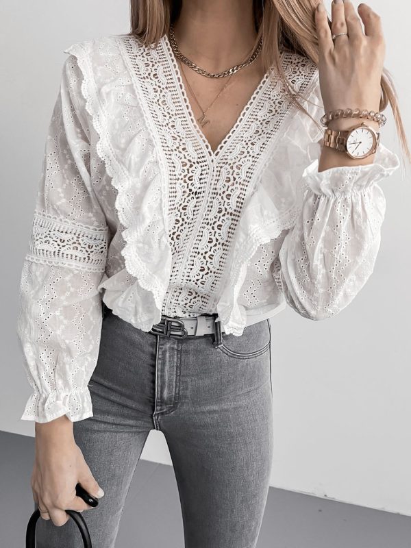 Women Clothing Spring Summer V-neck Lace Long Sleeve Tops Shirt Lace Hollow Out Cutout Eyelet Embroidery