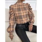Spring Summer Office Puff Sleeve Houndstooth Printed Top Women