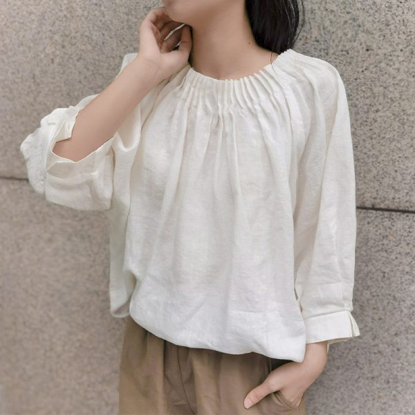 Linen Three Quarter Sleeve Shirt Top Early Autumn Japanese Loose Plus Size Organ Pleated Design Niche Cotton Linen T shirt