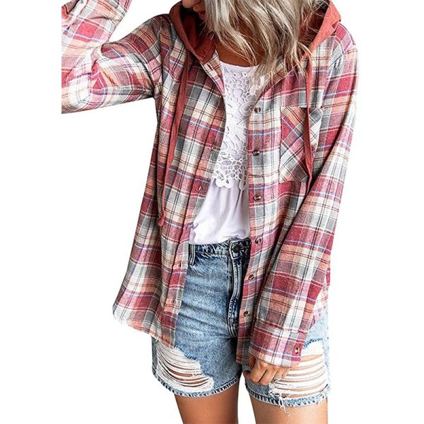 Women Clothing Autumn Winter New  Plaid Hoodie Single Row Button Casual Shirt