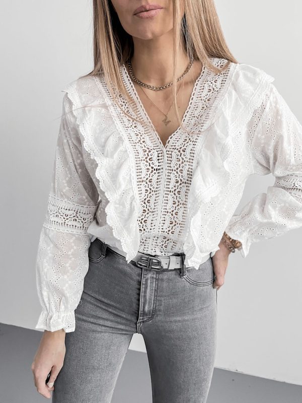 Women Clothing Spring Summer V-neck Lace Long Sleeve Tops Shirt Lace Hollow Out Cutout Eyelet Embroidery