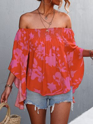 Spring Summer Irregular Asymmetric Sexy off Shoulder Bell Sleeve Printed Top for Women