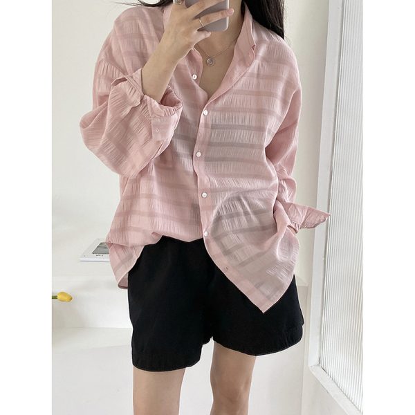 Horizontal Texture Profile Sun Protection Shirt for Women Summer Loose Japanese Retro Shirt