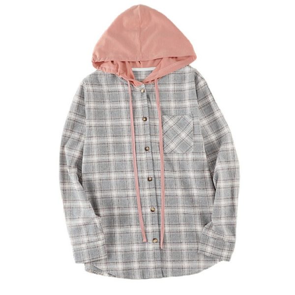 Women Clothing Autumn Winter New  Plaid Hoodie Single Row Button Casual Shirt