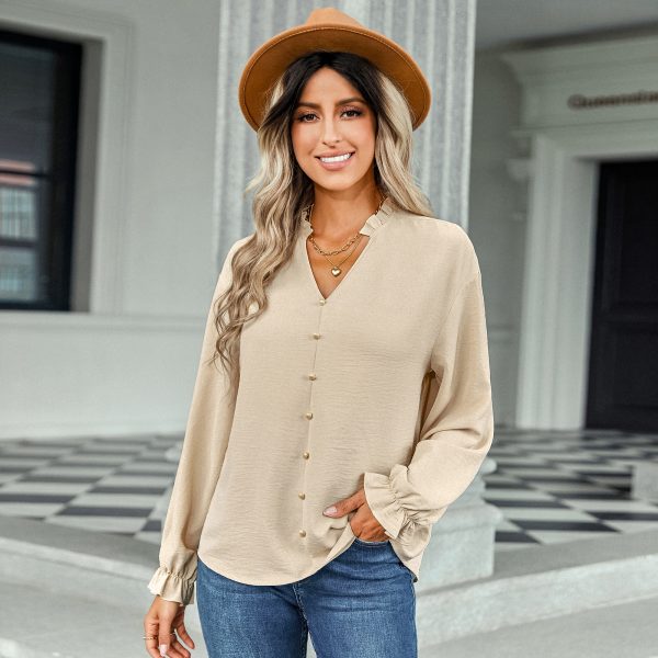 Autumn Winter V-neck Top Women Fastener Decoration Solid Color Shirt