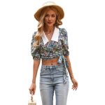 Summer Short cropped Stomach Blanket Floral Half-Sleeved Lace-up Collared Shirt for Women