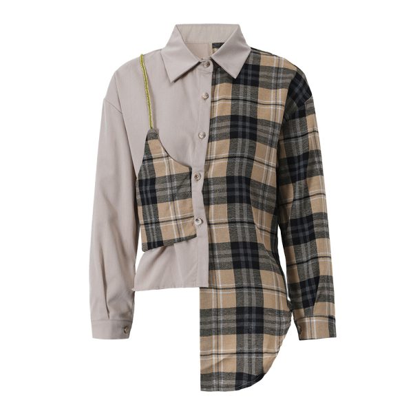 Plaid Stitching Faux Two Piece Single Breasted Long Sleeve Shirt Women Irregular Asymmetric Single Shoulder Suspender Shirt Spring