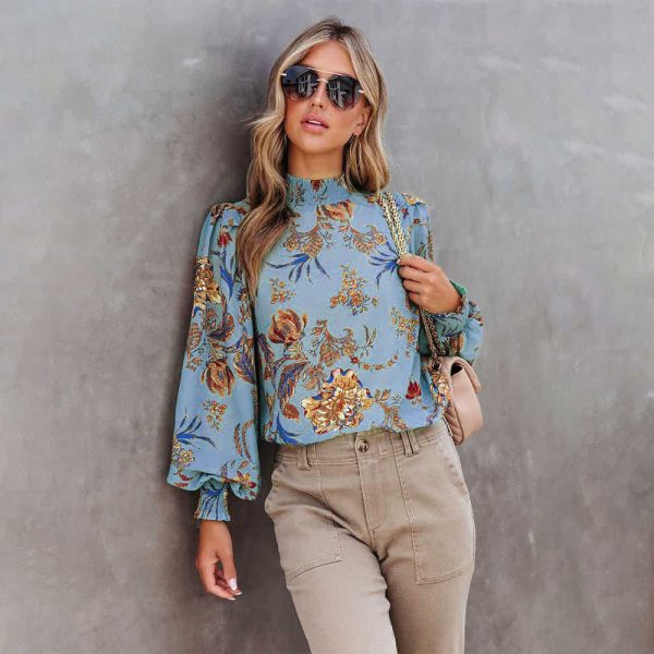 Fall Floral Print Long Sleeve Turtleneck Loose Casual Shirt Women