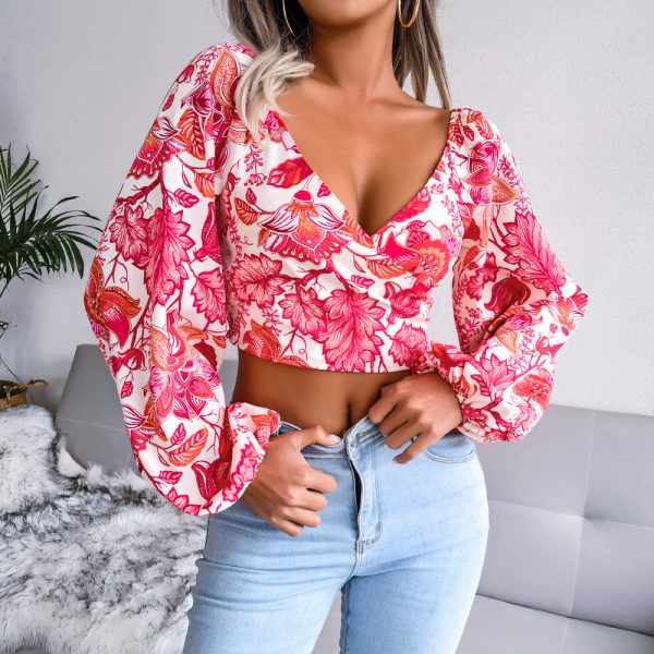 V-neck Lantern Sleeves Long Sleeve Floral Chiffon Shirt Vacation Cropped Top Women Clothing