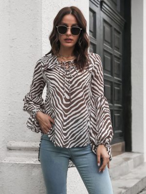 Casual Lantern Sleeve V-neck Lace-up Long-Sleeve Women Top Spring Summer Loose Mid-Length Chiffon Shirt