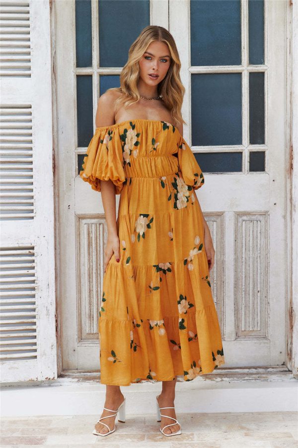 Women Clothing off the Shoulder Bubble Sleeve Printed Dress