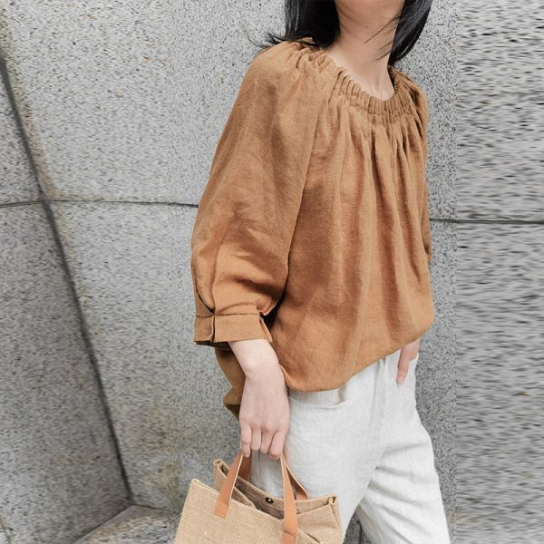 Linen Three Quarter Sleeve Shirt Top Early Autumn Japanese Loose Plus Size Organ Pleated Design Niche Cotton Linen T shirt