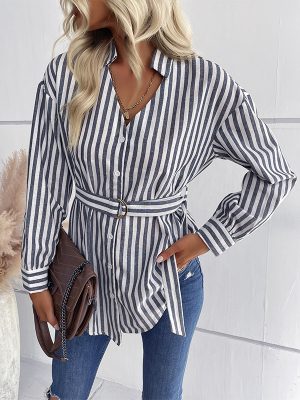 Autumn Casual Women Wear Long Sleeve V neck Mid Length Striped Shirt