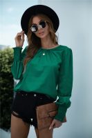 Spring Autumn Smocking Long Sleeve Solid Color round Neck Shirt