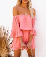 Spring Summer  Women Clothing  Stitching Short Sleeve Loose Solid Color Chiffon Romper