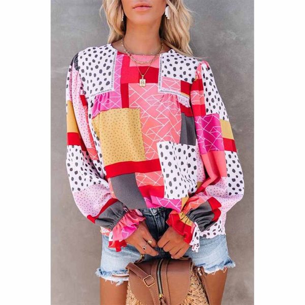 Women Clothing Multi Color Polka Dot Long Sleeve Shirt Chiffon Geometric Abstract Printed Round Neck Shirt