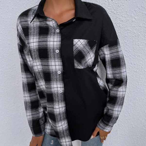 Autumn Winter Black White Plaid Single-Breasted Long Sleeve Shirt Women Collared