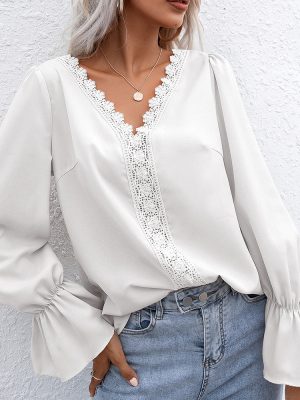 Autumn Elegant V-neck Hollow Out Hollow Out Cutout Lace Long Sleeve Shirt for Women