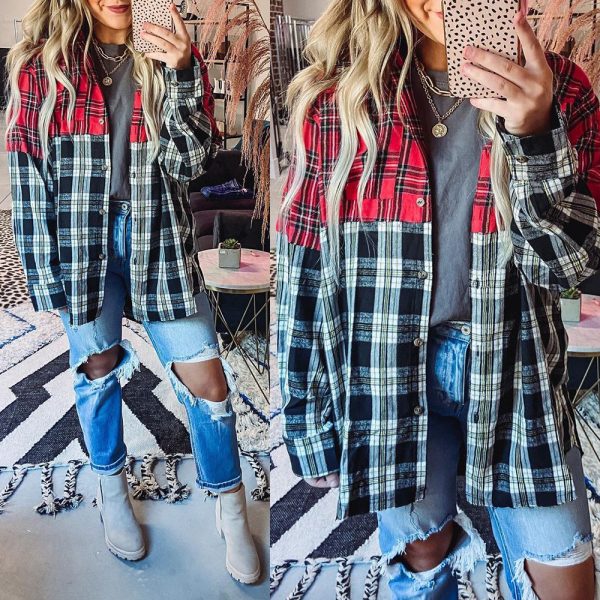 Autumn Winter Plaid Casual Shirt Stitching Printing Long Sleeve Cardigan  Women