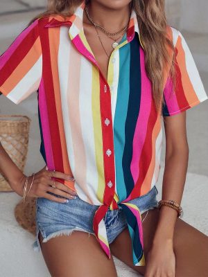 Eaby Sweet Blouse Colorful Striped Casual Polo Shirt