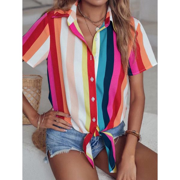 Eaby Sweet Blouse Colorful Striped Casual Polo Shirt