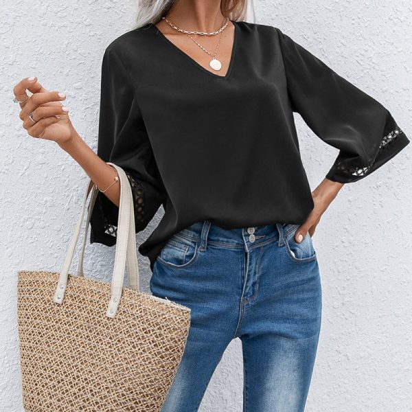 V Neck Pullover Lace Stitching Half Sleeve Shirt Office Hollow Out Cutout Shirt Top Women