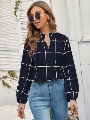 Autumn Elegant Shirt Stand Collar Long Sleeve Plaid Printed Chiffon Women Shirt