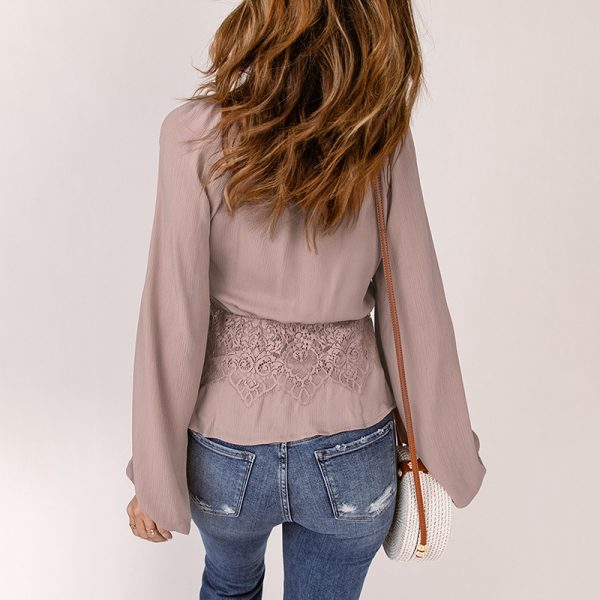 Lace Decorative Chiffon Shirt Women Waist V neck Long Sleeve Top