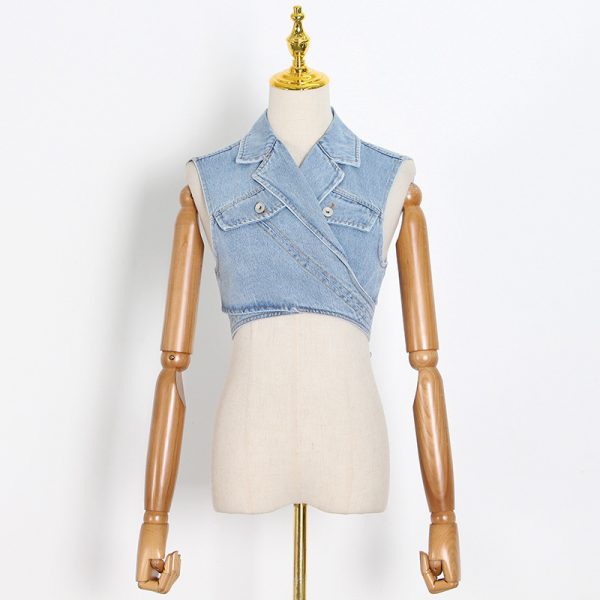 Women  Korean Preppy  Blazer Spring Polo Collar Solid Color Single Breasted Shirt Denim Lace up Vest