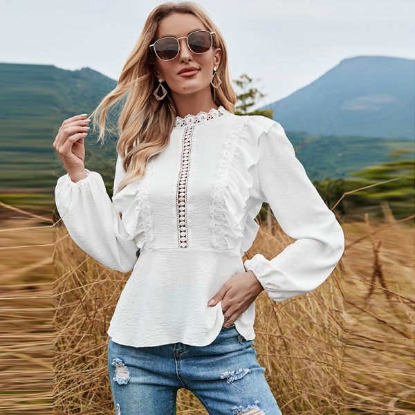 New New Autumn Summer Hollow Out Cutout out Lace Long-Sleeved Sexy Lace Shirt for Women