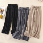 Knitted Thick Wide Leg Pants Women Autumn Winter High Waist Loose Drooping Straight Casual Long Pants Loose Vertical Stripes