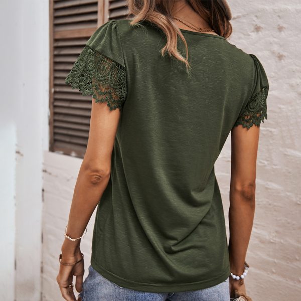 Casual French Square Collar Top Summer Short Sleeve Lace Stitching Women Clothing