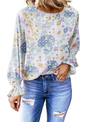 Autumn Women Clothing Floral round Neck Shirt Women Bishop Sleeves Top