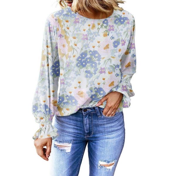 Autumn Women Clothing Floral round Neck Shirt Women Bishop Sleeves Top