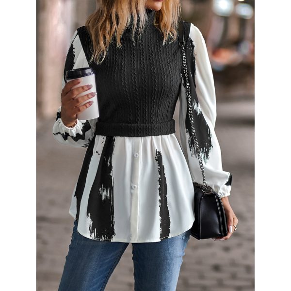 Women Round Neck Patchwork Top Spring Long Sleeve Shirt Women