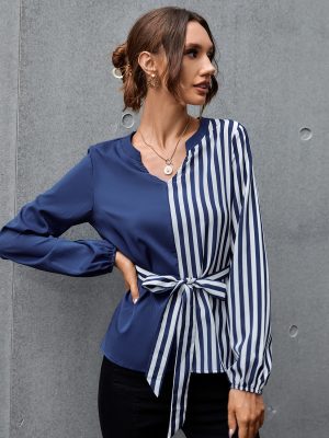 Autumn Spring New V-neck Elegant Stitching Color Block Shirt