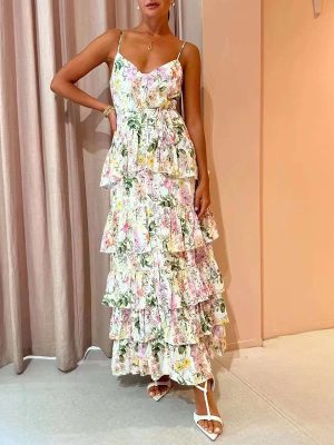 Spring Summer Long French Elegance Slimming Spaghetti Strap Floral Print Long Layered Tiered Dress