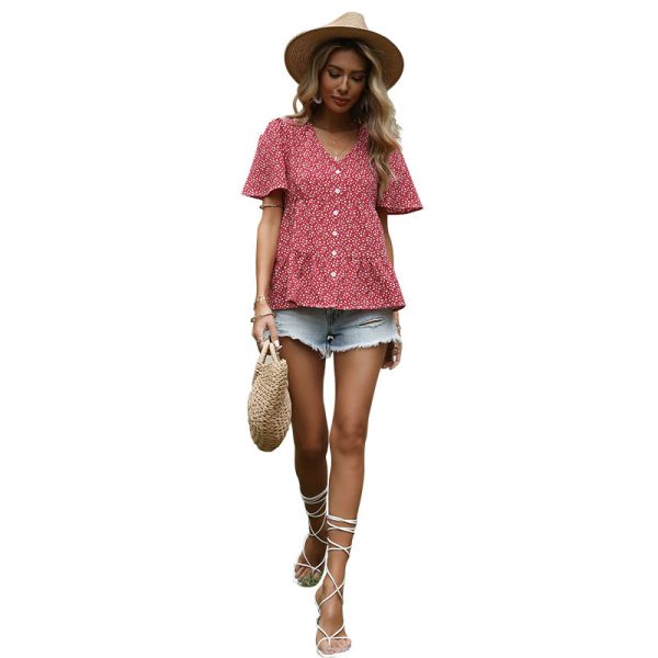 Summer Loose Short-Sleeved Chiffon Floral V-neck Flounce Shirt for Women