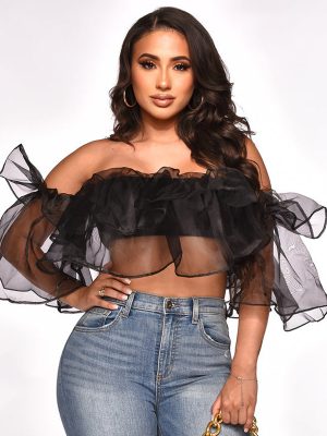 Sexy off-the-Shoulder Short Sleeve Density Mesh Shirt Short Top Women Clothing