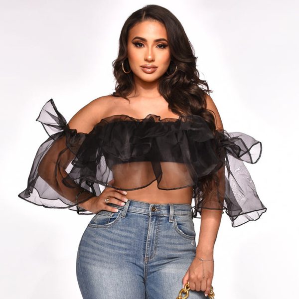 Sexy off-the-Shoulder Short Sleeve Density Mesh Shirt Short Top Women Clothing