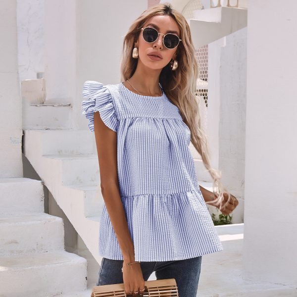 Women Clothing Summer Ruffle Sleeve round Neck Pleated Solid Color Loose Top for Women