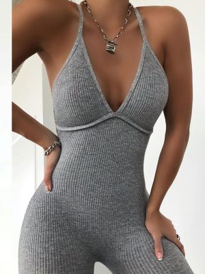 Women Clothing Solid Color Tight Sexy Sling Criss Cross Backless High Waist Sports Jumpsuit