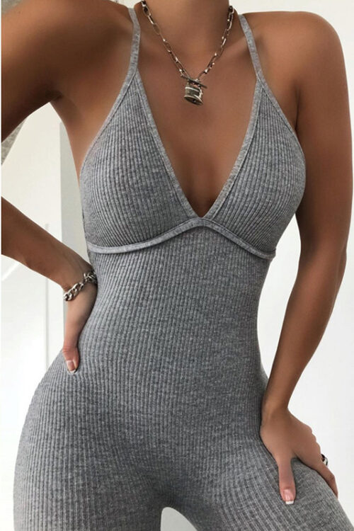 Women Clothing Solid Color Tight Sexy Sling Criss Cross Backless High Waist Sports Jumpsuit