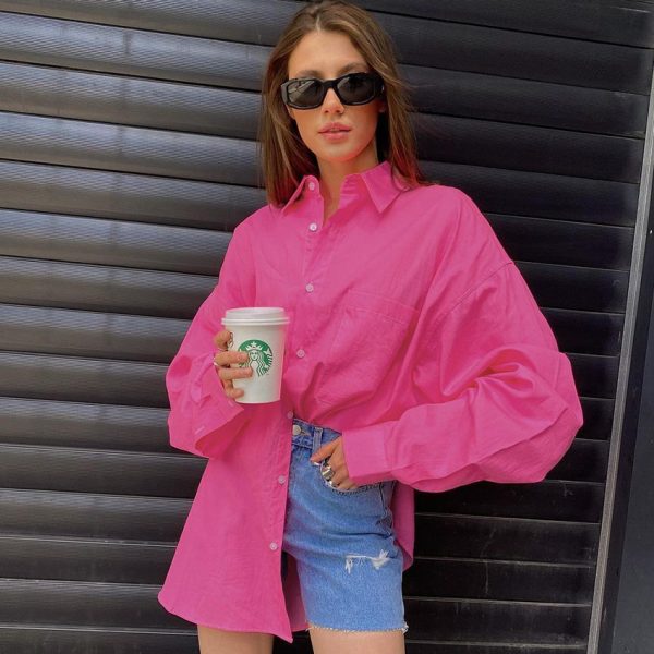 Fall New Rose Red Women Clothing  Fashion  Long Sleeve Shirt Loose Cotton Sun Protection