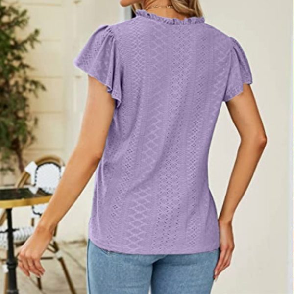 Summer Women Clothes Solid Color V neck Double Layer Ruffled Hollow Out Short Sleeve Women Casual T shirt